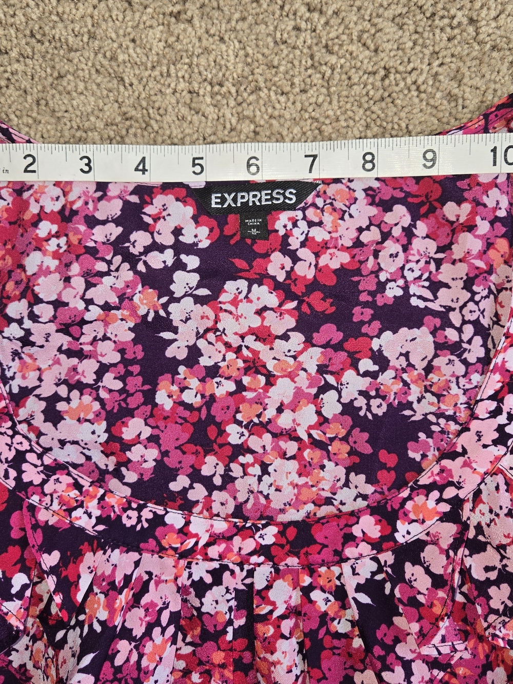 EXPRESS Floral Ruffle Neck Dress Pink Purple Elastic Waist Pockets Medium - Picture 3 of 8